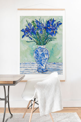 Lara Lee Meintjes Iris Bouquet in Chinoiserie Vase on Blue and White Striped Tablecloth on Painterly Mint Green Art Print And Hanger