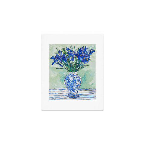Lara Lee Meintjes Iris Bouquet in Chinoiserie Vase on Blue and White Striped Tablecloth on Painterly Mint Green Art Print