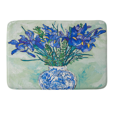 Lara Lee Meintjes Iris Bouquet in Chinoiserie Vase on Blue and White Striped Tablecloth on Painterly Mint Green Memory Foam Bath Mat
