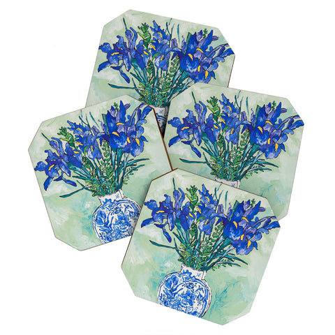 Lara Lee Meintjes Iris Bouquet in Chinoiserie Vase on Blue and White Striped Tablecloth on Painterly Mint Green Coaster Set