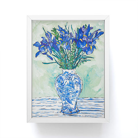 Lara Lee Meintjes Iris Bouquet in Chinoiserie Vase on Blue and White Striped Tablecloth on Painterly Mint Green Framed Mini Art Print