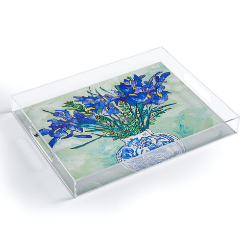 Lara Lee Meintjes Iris Bouquet in Chinoiserie Vase on Blue and White Striped Tablecloth on Painterly Mint Green Acrylic Tray