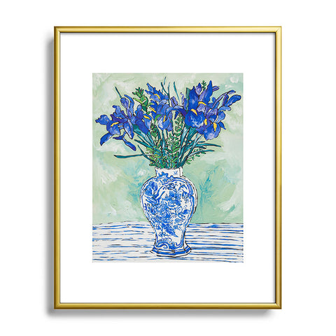 Lara Lee Meintjes Iris Bouquet in Chinoiserie Vase on Blue and White Striped Tablecloth on Painterly Mint Green Metal Framed Art Print