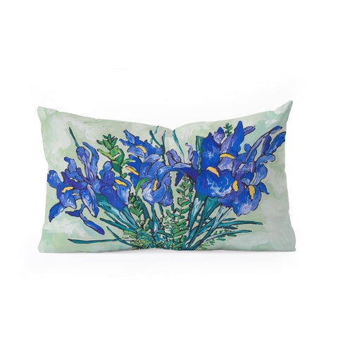 Lara Lee Meintjes Iris Bouquet in Chinoiserie Vase on Blue and White Striped Tablecloth on Painterly Mint Green Oblong Throw Pillow