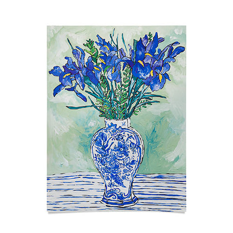 Lara Lee Meintjes Iris Bouquet in Chinoiserie Vase on Blue and White Striped Tablecloth on Painterly Mint Green Poster