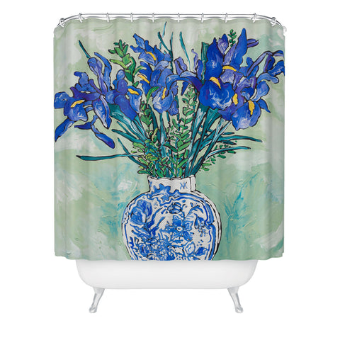 Lara Lee Meintjes Iris Bouquet in Chinoiserie Vase on Blue and White Striped Tablecloth on Painterly Mint Green Shower Curtain