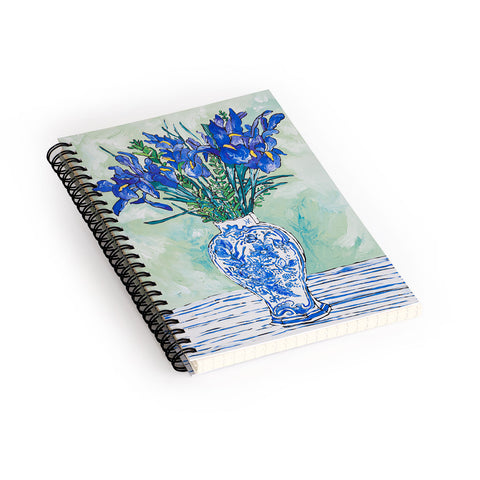 Lara Lee Meintjes Iris Bouquet in Chinoiserie Vase on Blue and White Striped Tablecloth on Painterly Mint Green Spiral Notebook
