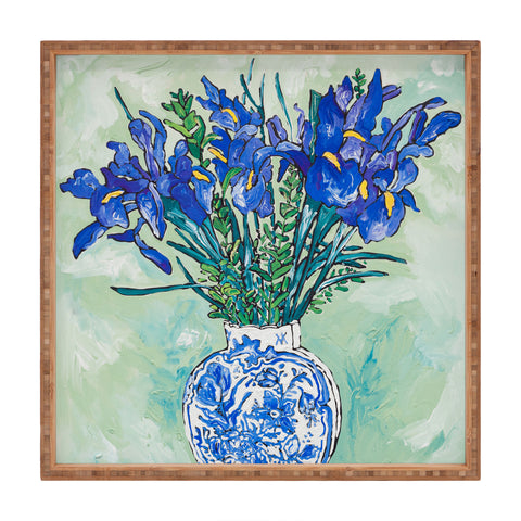 Lara Lee Meintjes Iris Bouquet in Chinoiserie Vase on Blue and White Striped Tablecloth on Painterly Mint Green Square Tray