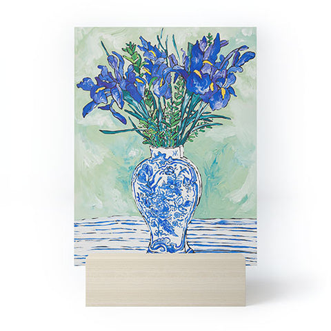 Lara Lee Meintjes Iris Bouquet in Chinoiserie Vase on Blue and White Striped Tablecloth on Painterly Mint Green Mini Art Print