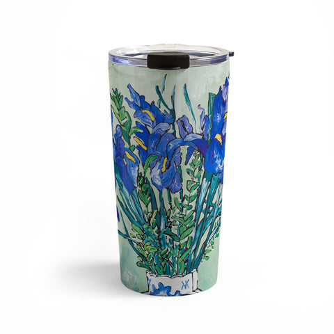 Lara Lee Meintjes Iris Bouquet in Chinoiserie Vase on Blue and White Striped Tablecloth on Painterly Mint Green Travel Mug