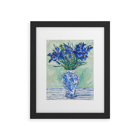 Lara Lee Meintjes Iris Bouquet in Chinoiserie Vase on Blue and White Striped Tablecloth on Painterly Mint Green Framed Art Print
