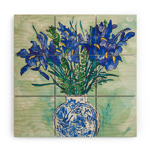 Lara Lee Meintjes Iris Bouquet in Chinoiserie Vase on Blue and White Striped Tablecloth on Painterly Mint Green Wood Wall Mural