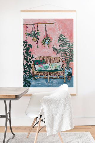 Lara Lee Meintjes Rattan Bench in Painterly Pink Jungle Room Art Print And Hanger