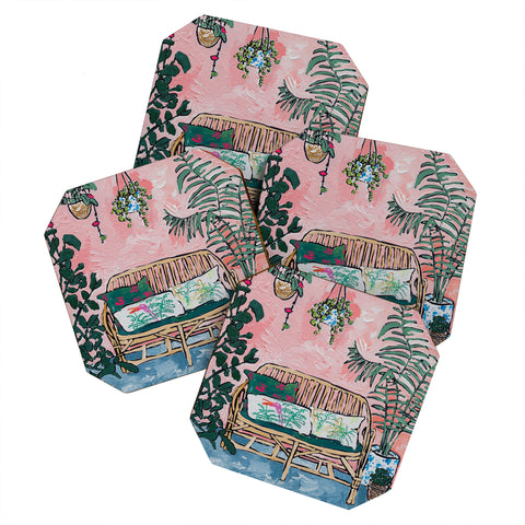 Lara Lee Meintjes Rattan Bench in Painterly Pink Jungle Room Coaster Set