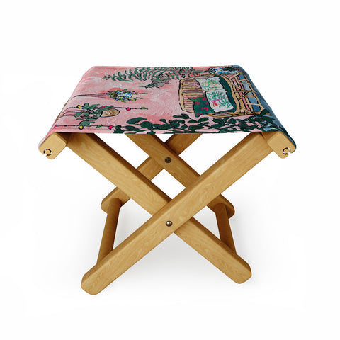 Lara Lee Meintjes Rattan Bench in Painterly Pink Jungle Room Folding Stool