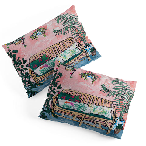 Lara Lee Meintjes Rattan Bench in Painterly Pink Jungle Room Pillow Shams