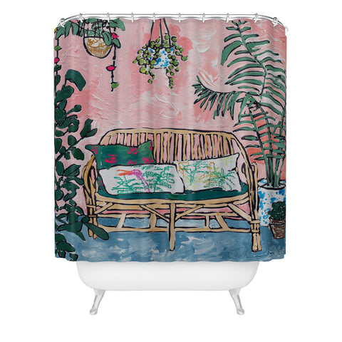 Lara Lee Meintjes Rattan Bench in Painterly Pink Jungle Room Shower Curtain