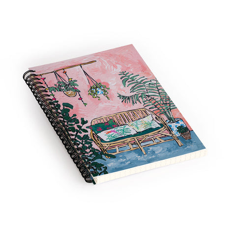 Lara Lee Meintjes Rattan Bench in Painterly Pink Jungle Room Spiral Notebook