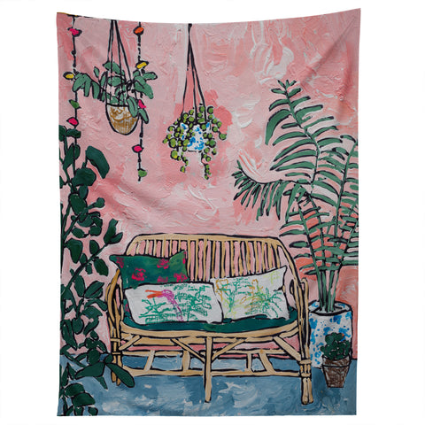 Lara Lee Meintjes Rattan Bench in Painterly Pink Jungle Room Tapestry