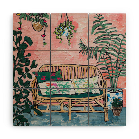 Lara Lee Meintjes Rattan Bench in Painterly Pink Jungle Room Wood Wall Mural