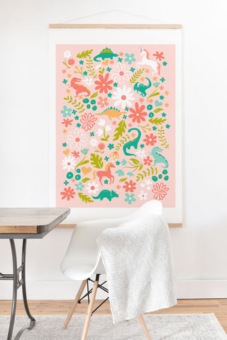 Lathe & Quill Dinosaurs Unicorns in Pink Teal Art Print And Hanger