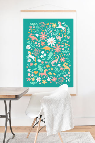 Lathe & Quill Dinosaurs Unicorns on Teal Art Print And Hanger