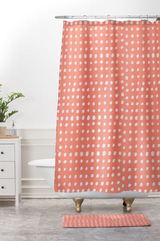 Leah Flores Peach Scribble Dots Shower Curtain And Mat