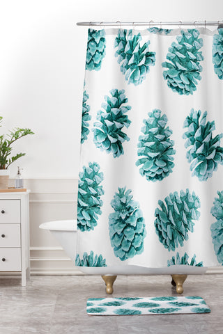 Lisa Argyropoulos Aqua Teal Pine Cones Shower Curtain And Mat