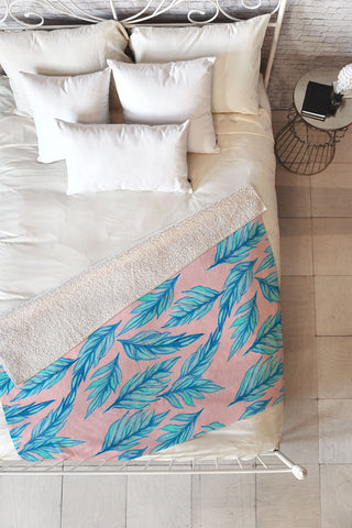 Lisa Argyropoulos Blue Leaves Pink Fleece Throw Blanket