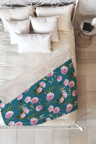Lisa Argyropoulos Peonies in Her Dreams Teal Fleece Throw Blanket