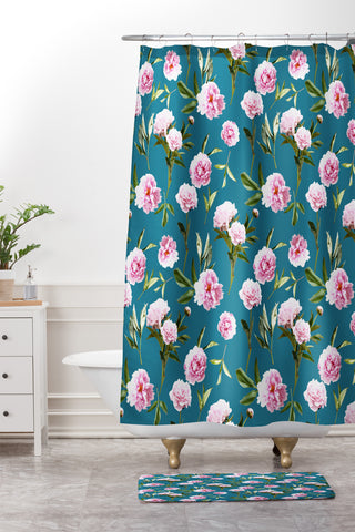 Lisa Argyropoulos Peonies in Her Dreams Teal Shower Curtain And Mat