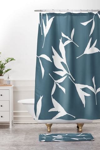 Lisa Argyropoulos Peony Leaf Silhouettes Blue Shower Curtain And Mat