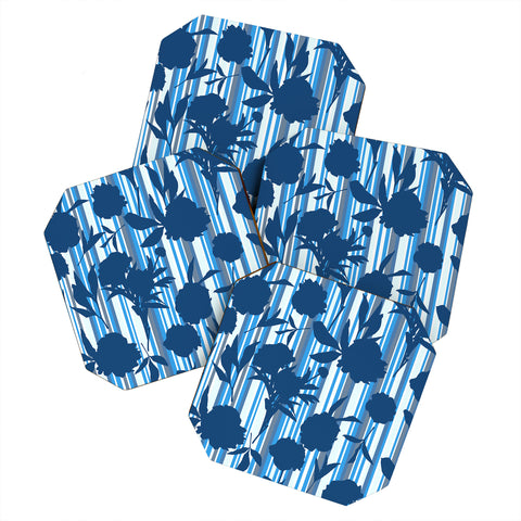 Lisa Argyropoulos Peony Silhouettes Blue Stripes Coaster Set