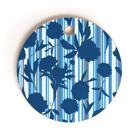 Lisa Argyropoulos Peony Silhouettes Blue Stripes Cutting Board Round