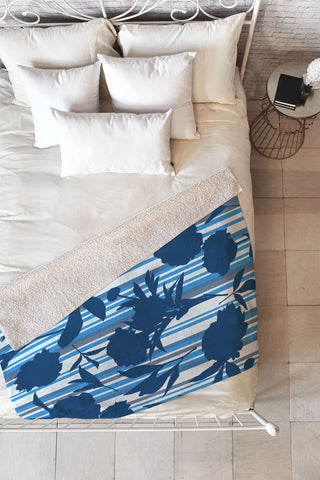 Lisa Argyropoulos Peony Silhouettes Blue Stripes Fleece Throw Blanket