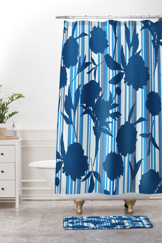 Lisa Argyropoulos Peony Silhouettes Blue Stripes Shower Curtain And Mat