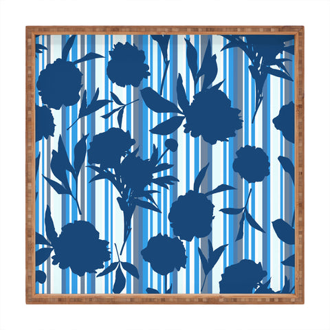 Lisa Argyropoulos Peony Silhouettes Blue Stripes Square Tray