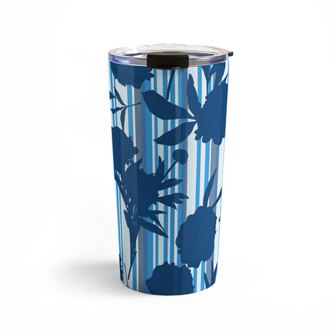 Lisa Argyropoulos Peony Silhouettes Blue Stripes Travel Mug