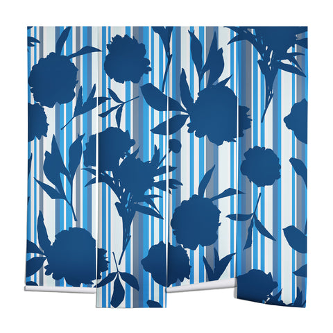 Lisa Argyropoulos Peony Silhouettes Blue Stripes Wall Mural
