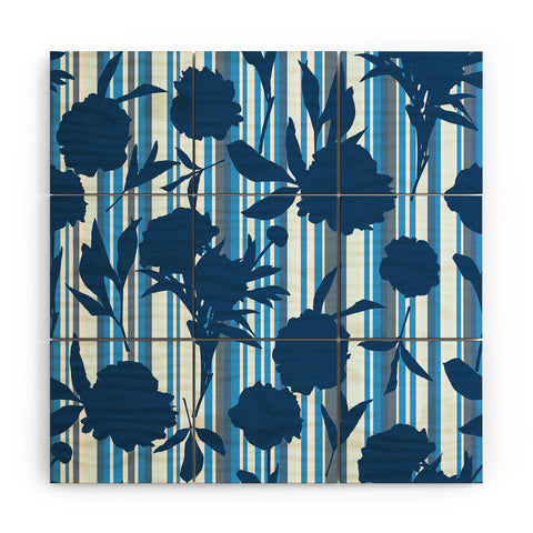 Lisa Argyropoulos Peony Silhouettes Blue Stripes Wood Wall Mural