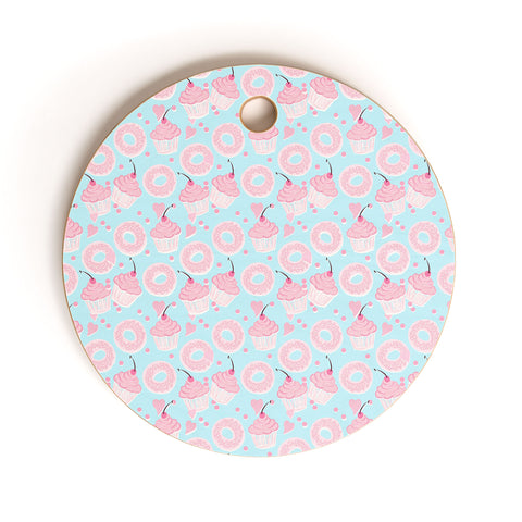 Lisa Argyropoulos Pink Cupcakes and Donuts Sky Blue Cutting Board Round