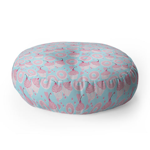Lisa Argyropoulos Pink Cupcakes and Donuts Sky Blue Floor Pillow Round