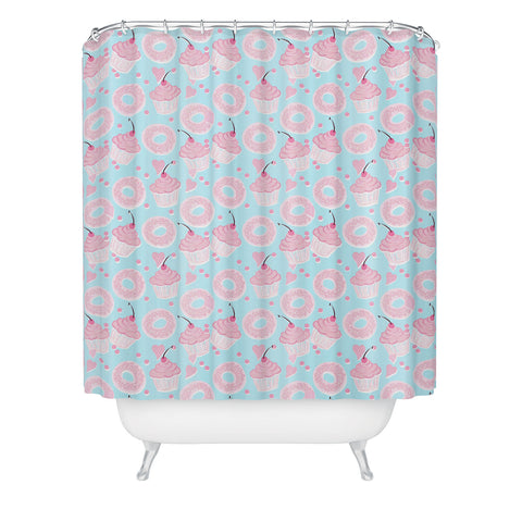 Lisa Argyropoulos Pink Cupcakes and Donuts Sky Blue Shower Curtain