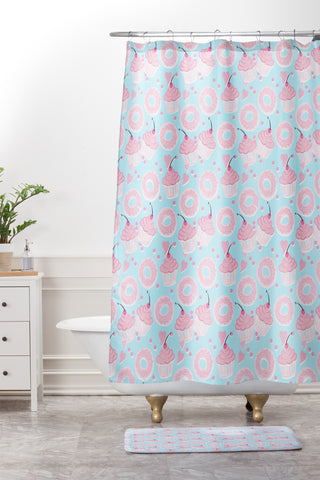 Lisa Argyropoulos Pink Cupcakes and Donuts Sky Blue Shower Curtain And Mat