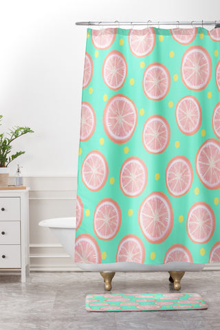 Lisa Argyropoulos Pink Grapefruit and Dots Shower Curtain And Mat