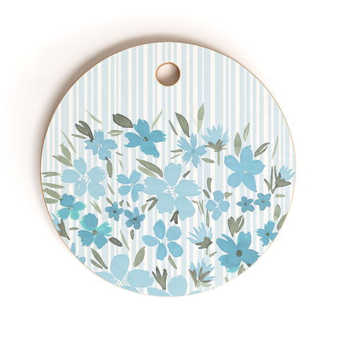 Lisa Argyropoulos Spring Floral And Stripes Blue Mist Cutting Board Round