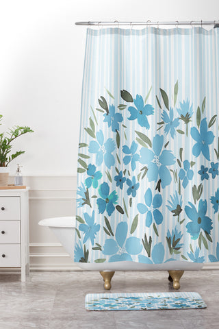 Lisa Argyropoulos Spring Floral And Stripes Blue Mist Shower Curtain And Mat