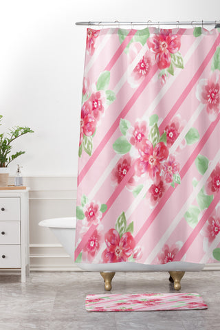 Lisa Argyropoulos Summer Blossoms Stripes Pink Shower Curtain And Mat