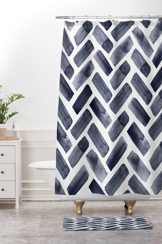 Little Arrow Design Co arcadia herringbone in indigo Shower Curtain And Mat