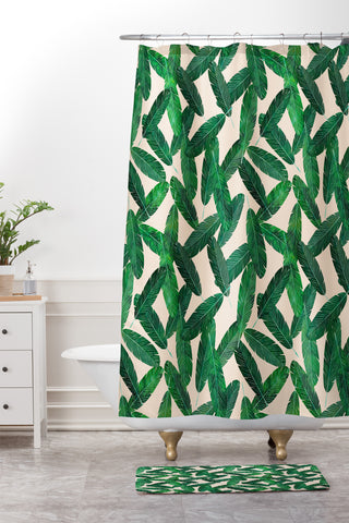 Little Arrow Design Co banana leaves on blush Shower Curtain And Mat